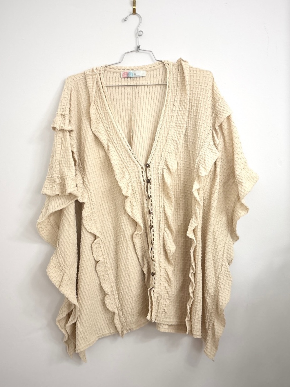 Free People Beach Cream Waffle Knit Ruffle Flora Tunic Top - M/L